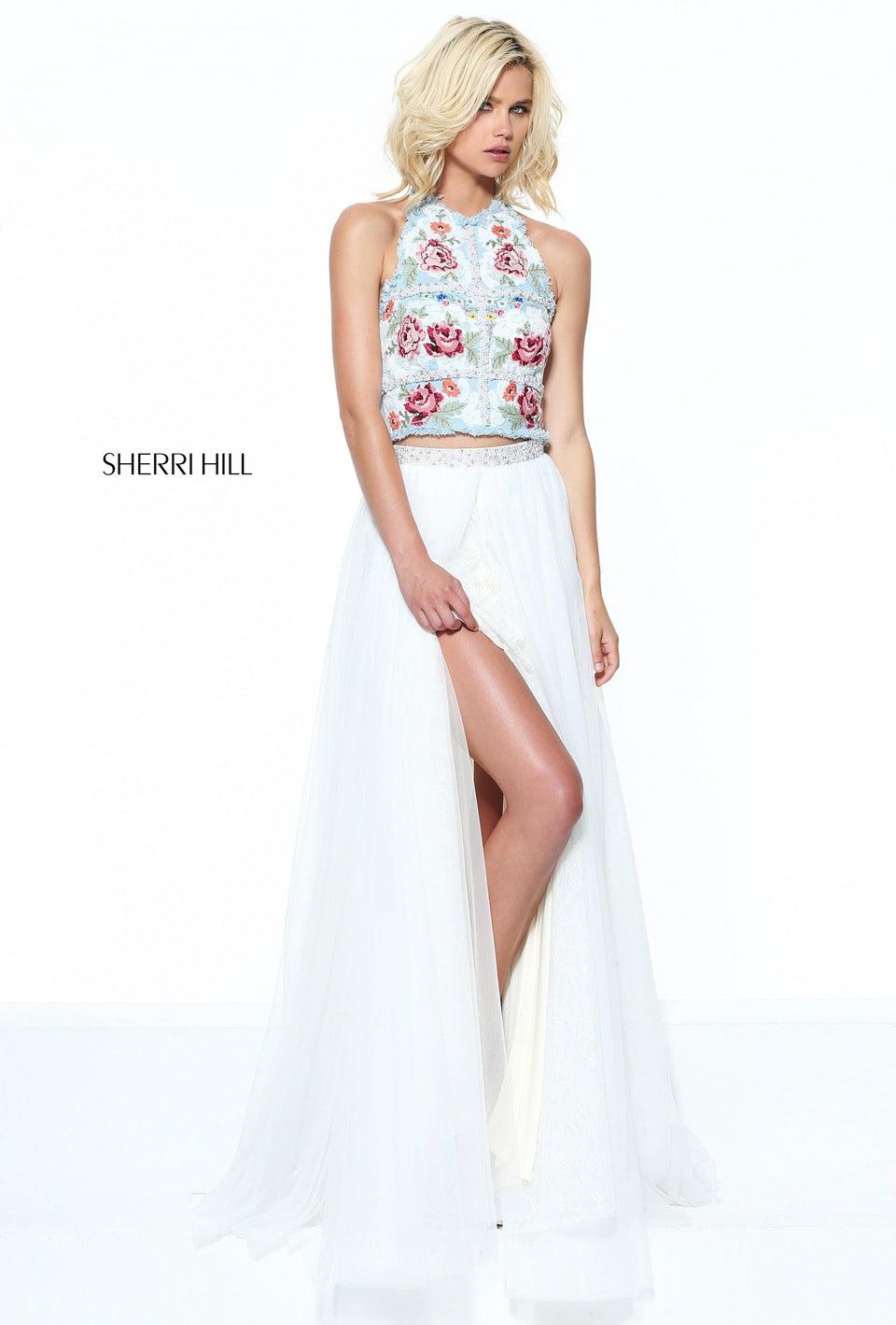 Sherri Hill Denim Halter With A Cross Stitch Floral Embroidery Bodice And A Lace And Tulle Skirt With Beaded Waistband