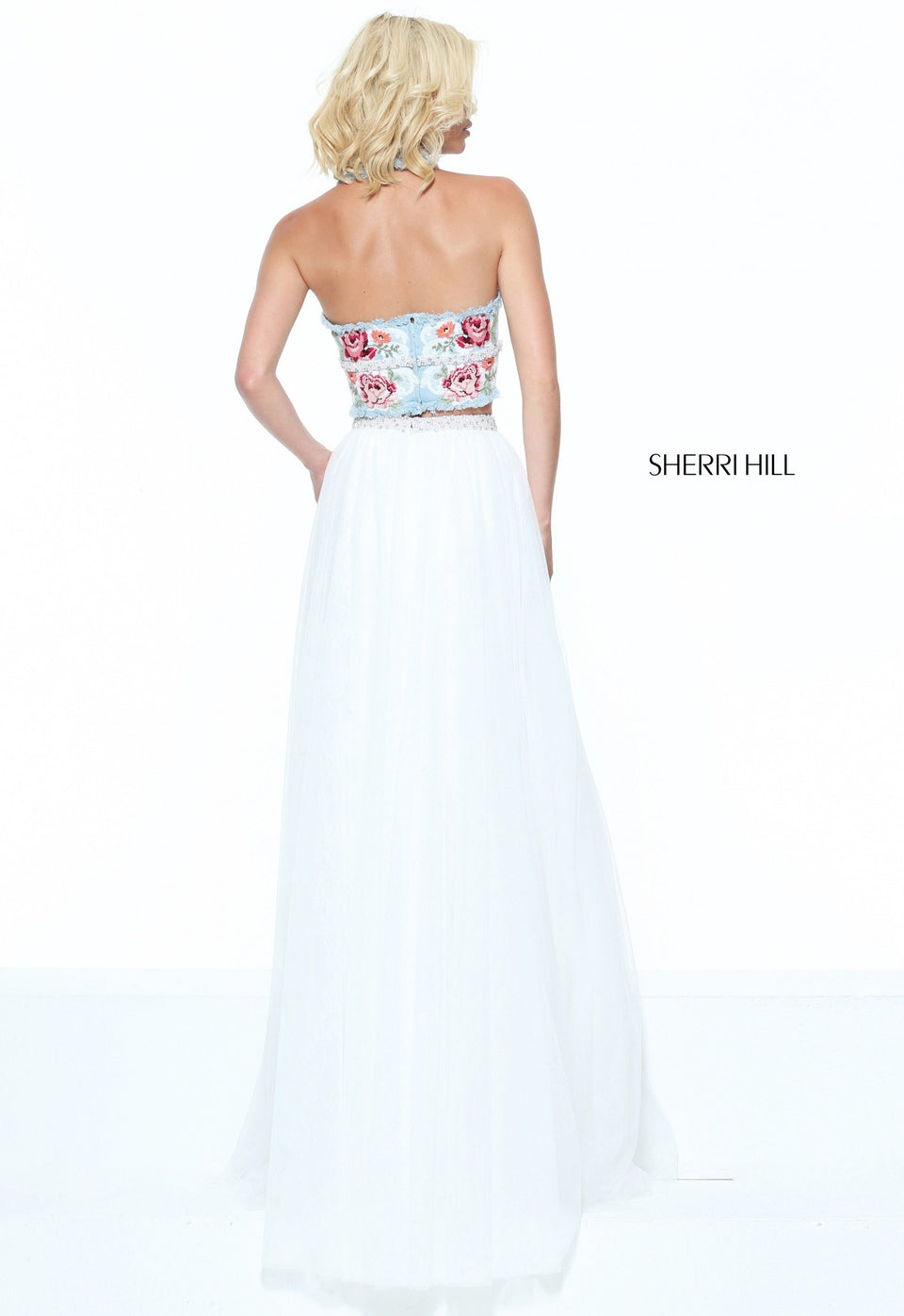 Sherri Hill Denim Halter With A Cross Stitch Floral Embroidery Bodice And A Lace And Tulle Skirt With Beaded Waistband