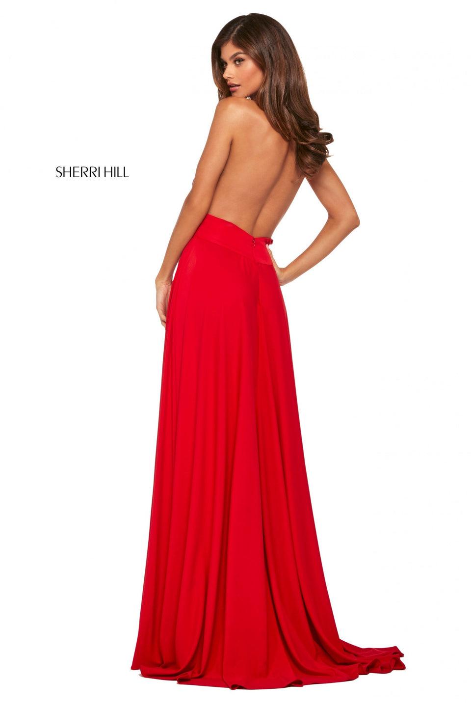 Sherri Hill Draped Jersey Gown With Plunging Halter Neckline With Ruched Bust