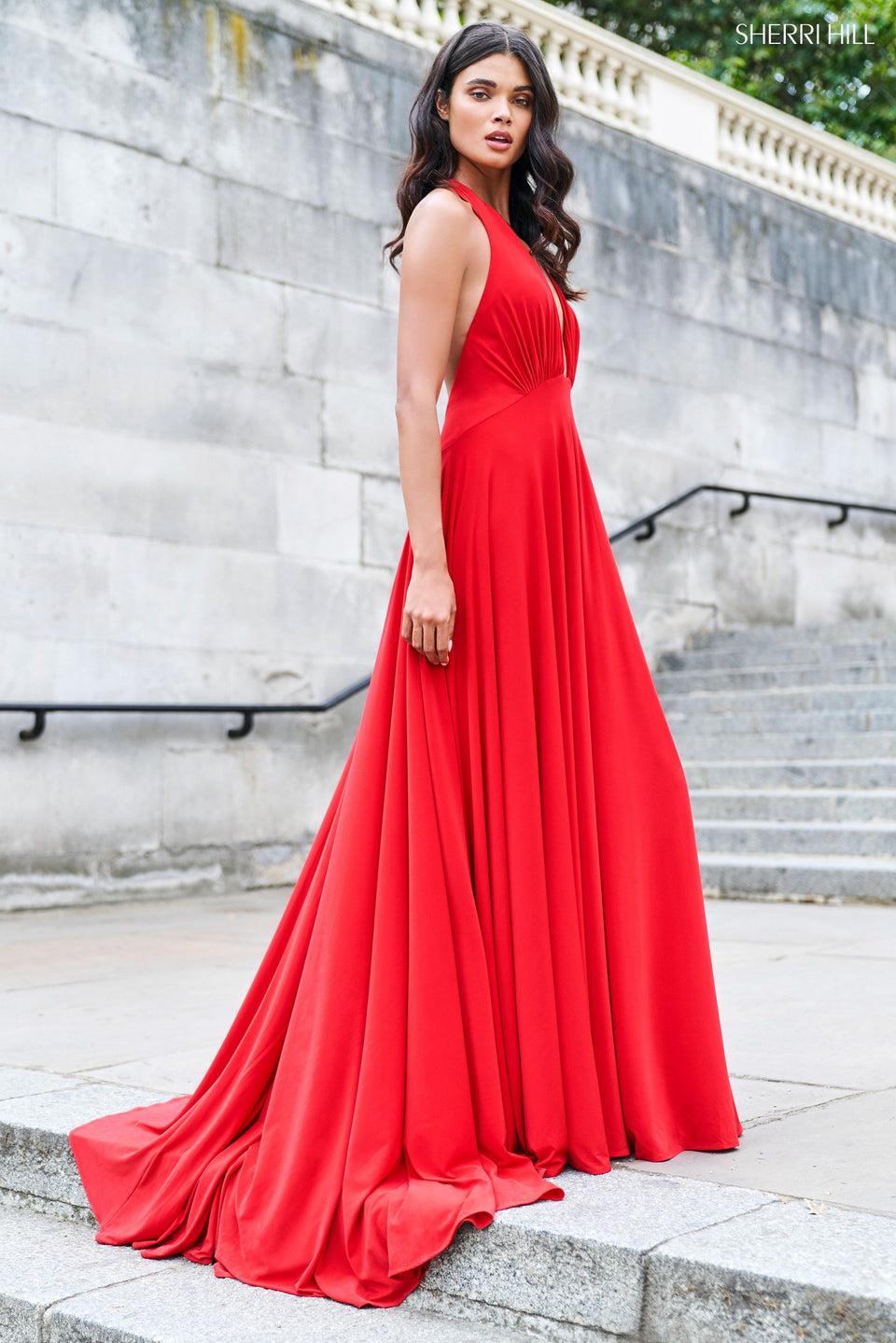 Sherri Hill Draped Jersey Gown With Plunging Halter Neckline With Ruched Bust
