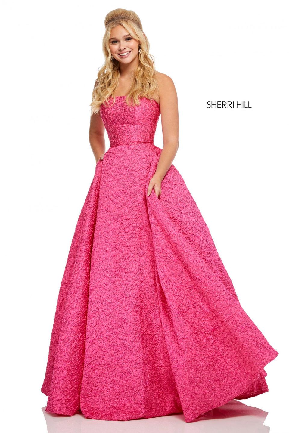 Sherri Hill Embossed Satin Strapless Ball Gown With Pockets