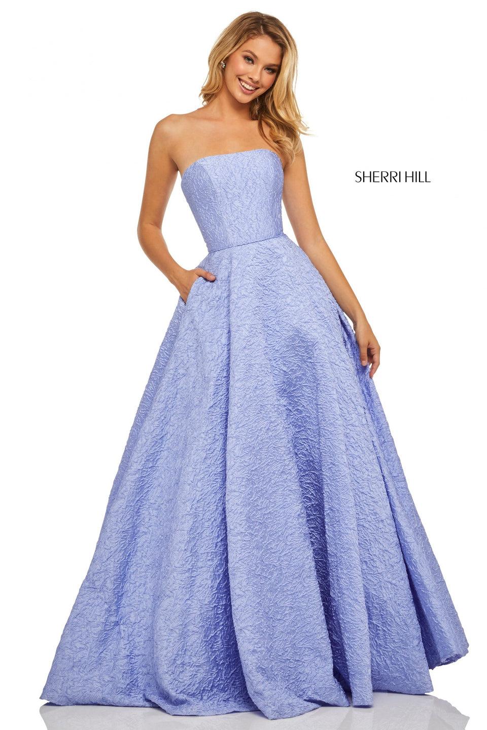 sherri hill Embossed satin strapless ball gown with pockets