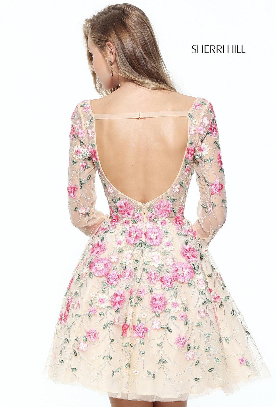 Sherri Hill Embroidered A-line Cocktail Dress With Long Sleeves And Off-the-shoulder V Neckline