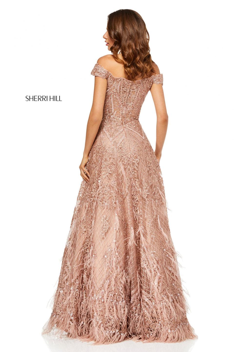 Sherri Hill Embroidered And Sequin A-line With Ostrich Feathers At Skirt Hemline And Off-the-shoulder Neckline