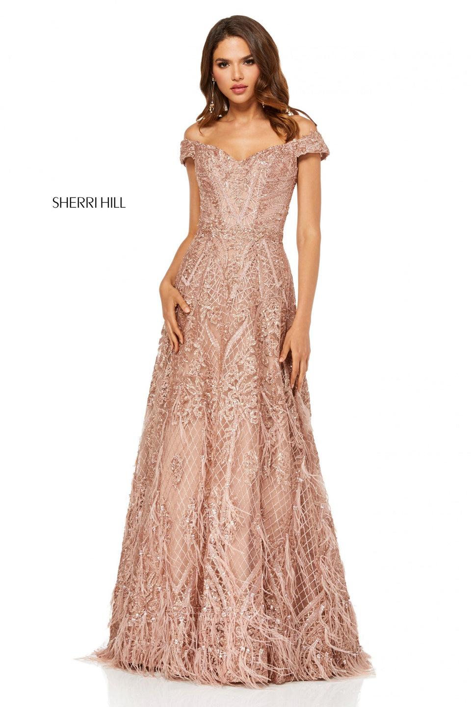 sherri hill Embroidered and sequin A-line with ostrich feathers at skirt hemline and off-the-shoulder neckline