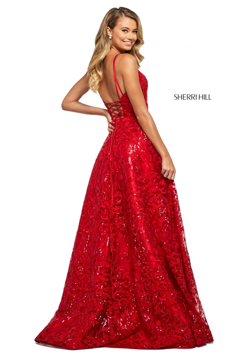 Sherri Hill Embroidered And Sequins A-line Dress With V Sweetheart Neckline Corset Style Lace Up Back And Skirt Slit