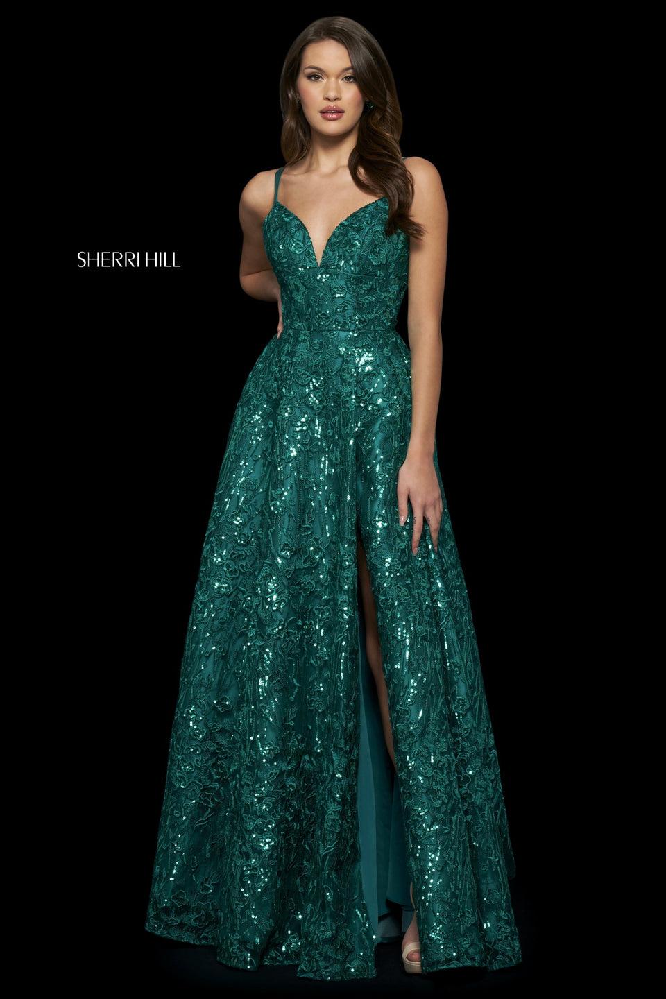 Sherri Hill Embroidered And Sequins A-line Dress With V Sweetheart Neckline Corset Style Lace Up Back And Skirt Slit