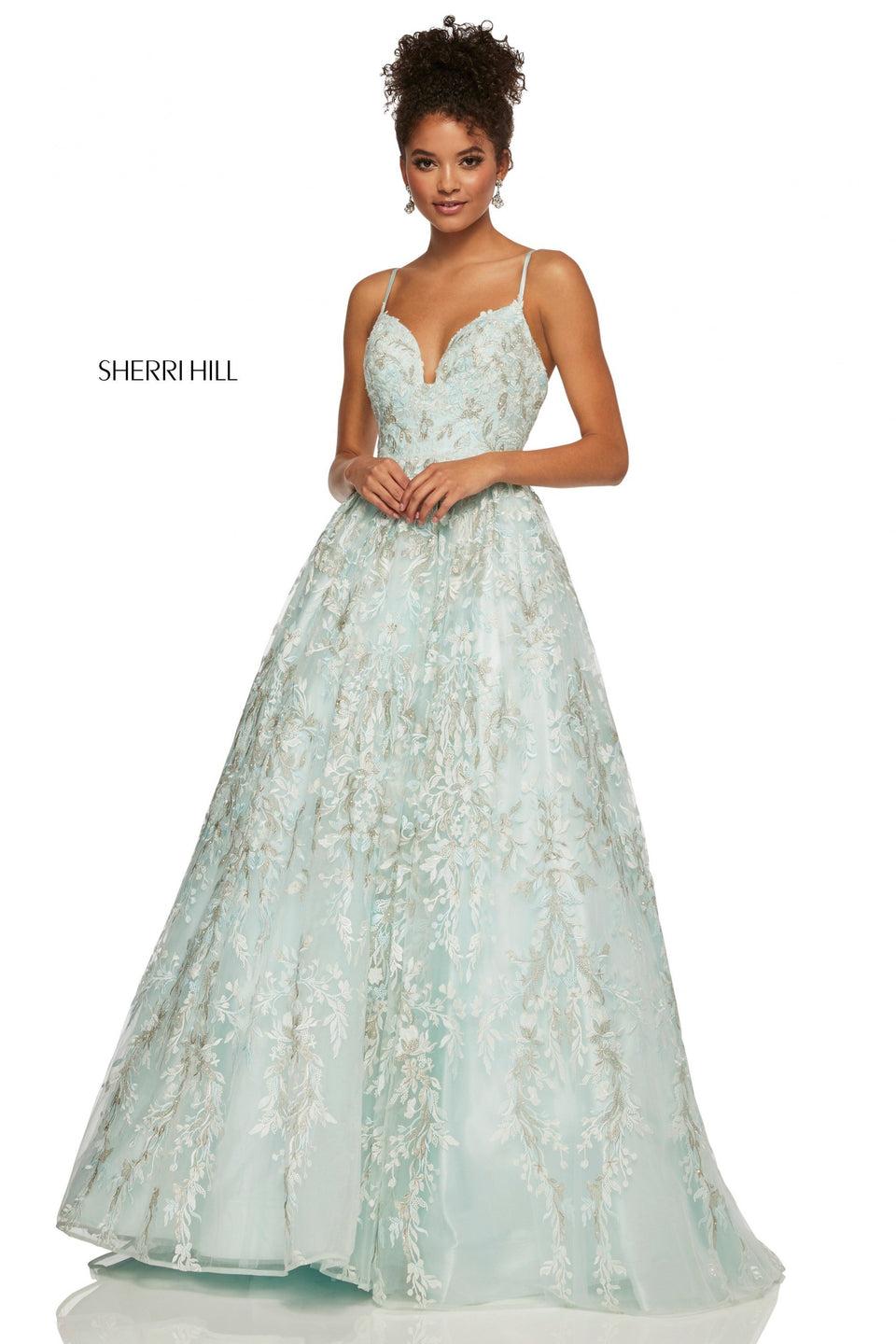 Sherri Hill Embroidered Ball Gown With Deep Modified Sweetheart Neckline Corset Style Back And Jewel Detailing