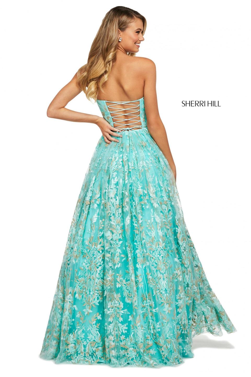 Sherri Hill Embroidered Chiffon A-line Dress With Strapless Neckline And Corset Style Lace Up Back