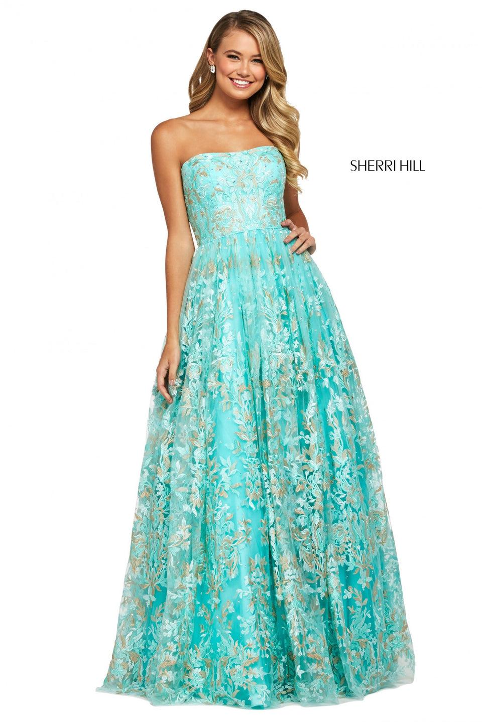 sherri hill Embroidered chiffon A-line dress with strapless neckline and corset style lace up back