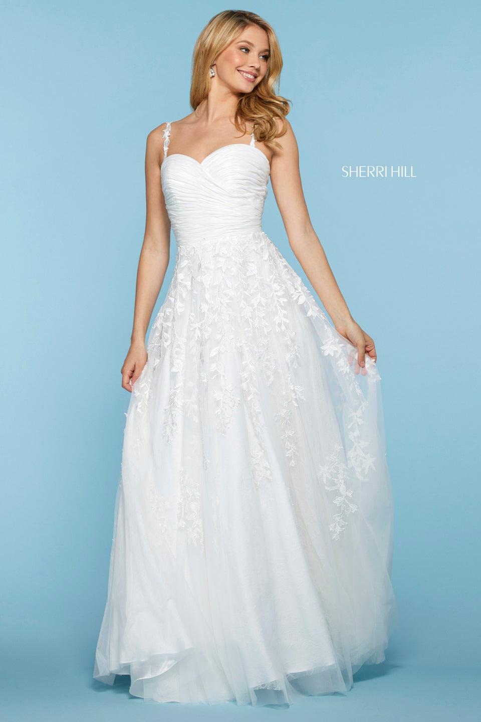 Sherri Hill Embroidered Chiffon Gown With Ruched Sweetheart Neckline Bodice