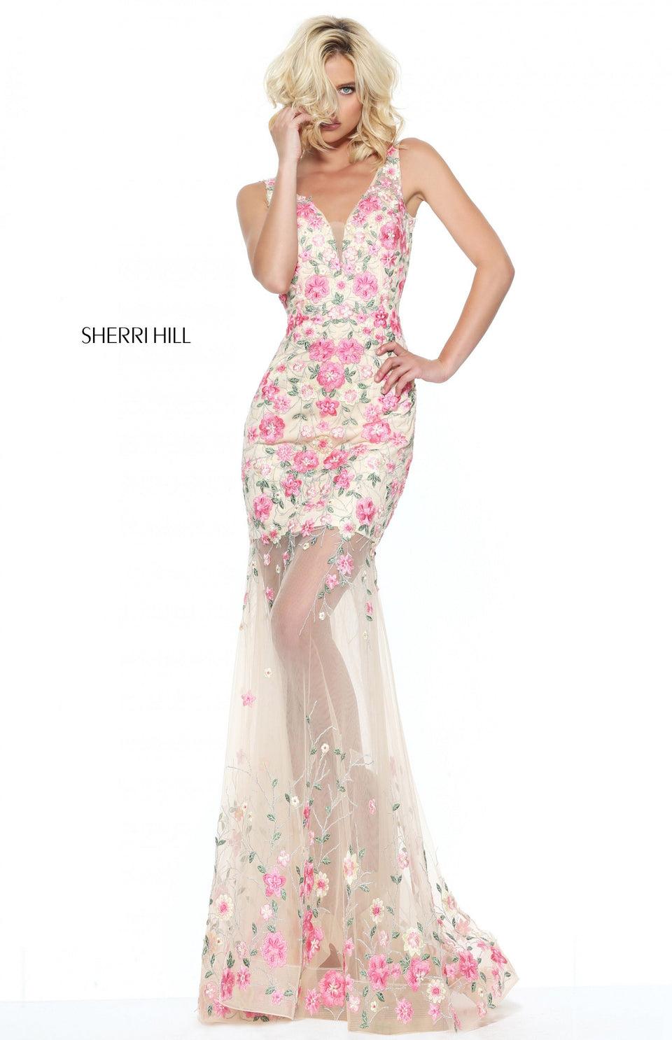 sherri hill Embroidered chiffon gown with sheer skirt and deep V neckline