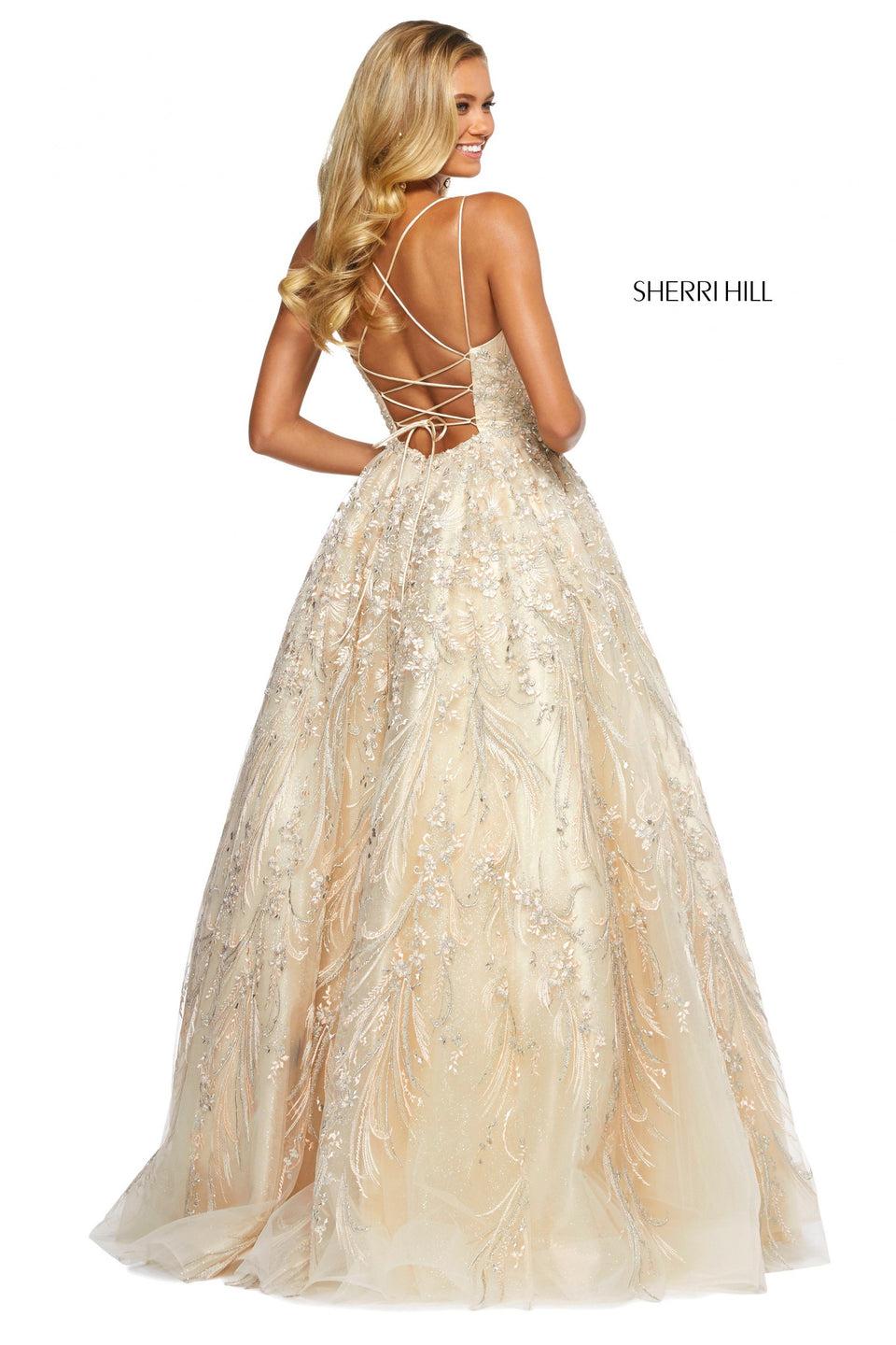 Sherri Hill Embroidered Glitter Organza Ball Gown With Strappy Lace Up Back