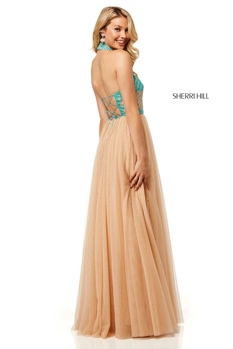 Sherri Hill Embroidered Halter Neck Bodice With Lace Up Back And Tulle Skirt