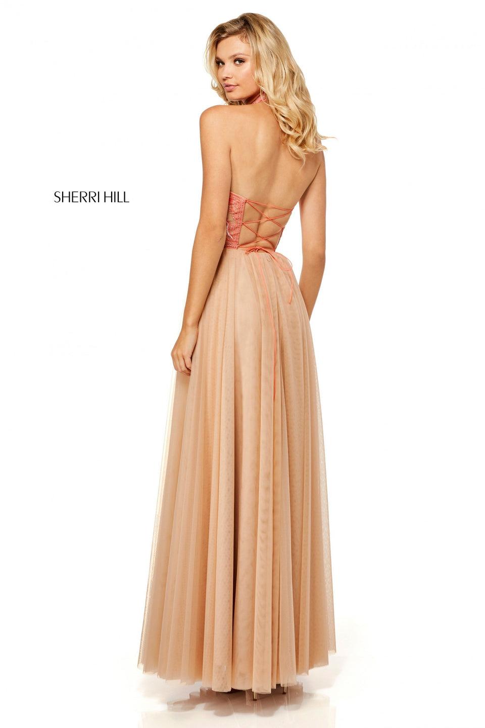 Sherri Hill Embroidered Halter Neck Bodice With Lace Up Back And Tulle Skirt