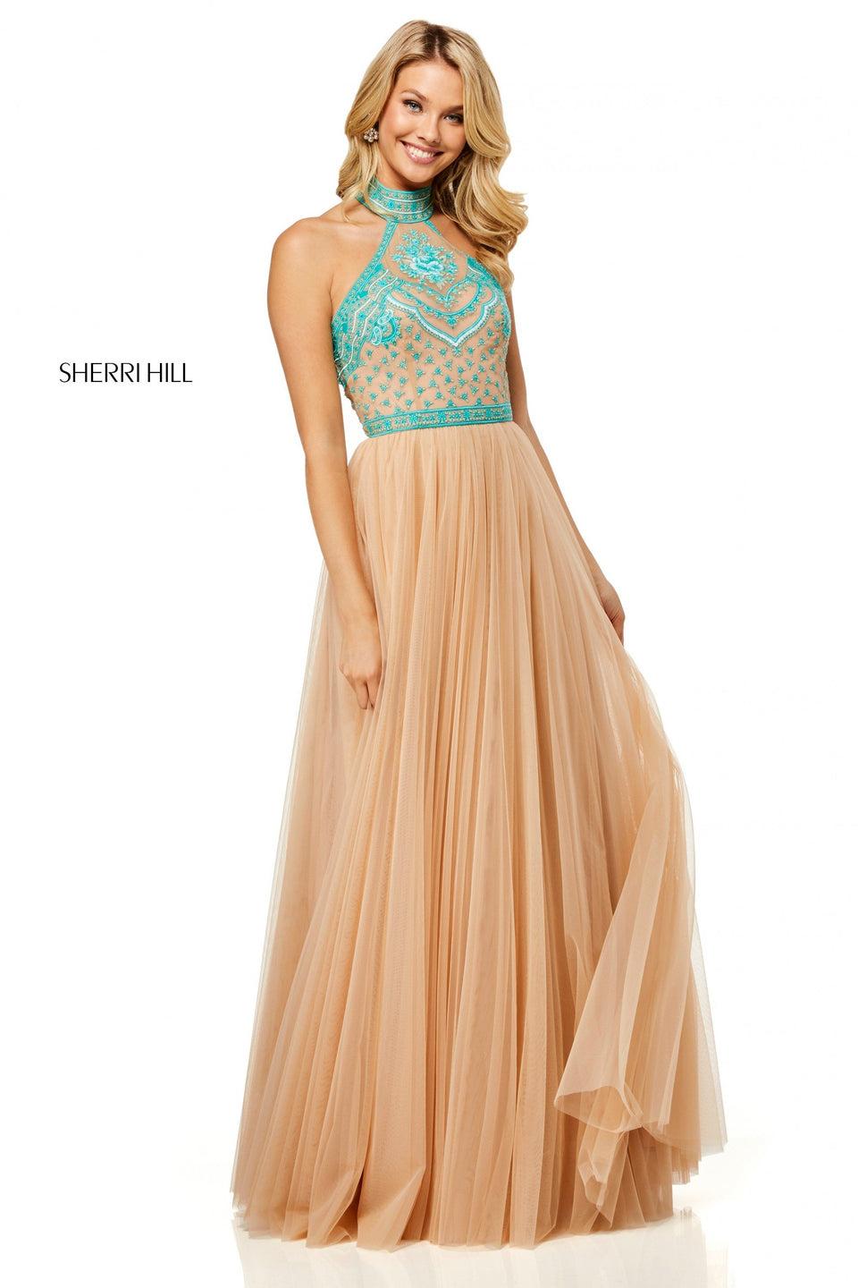 sherri hill Embroidered halter neck bodice with lace up back and tulle skirt