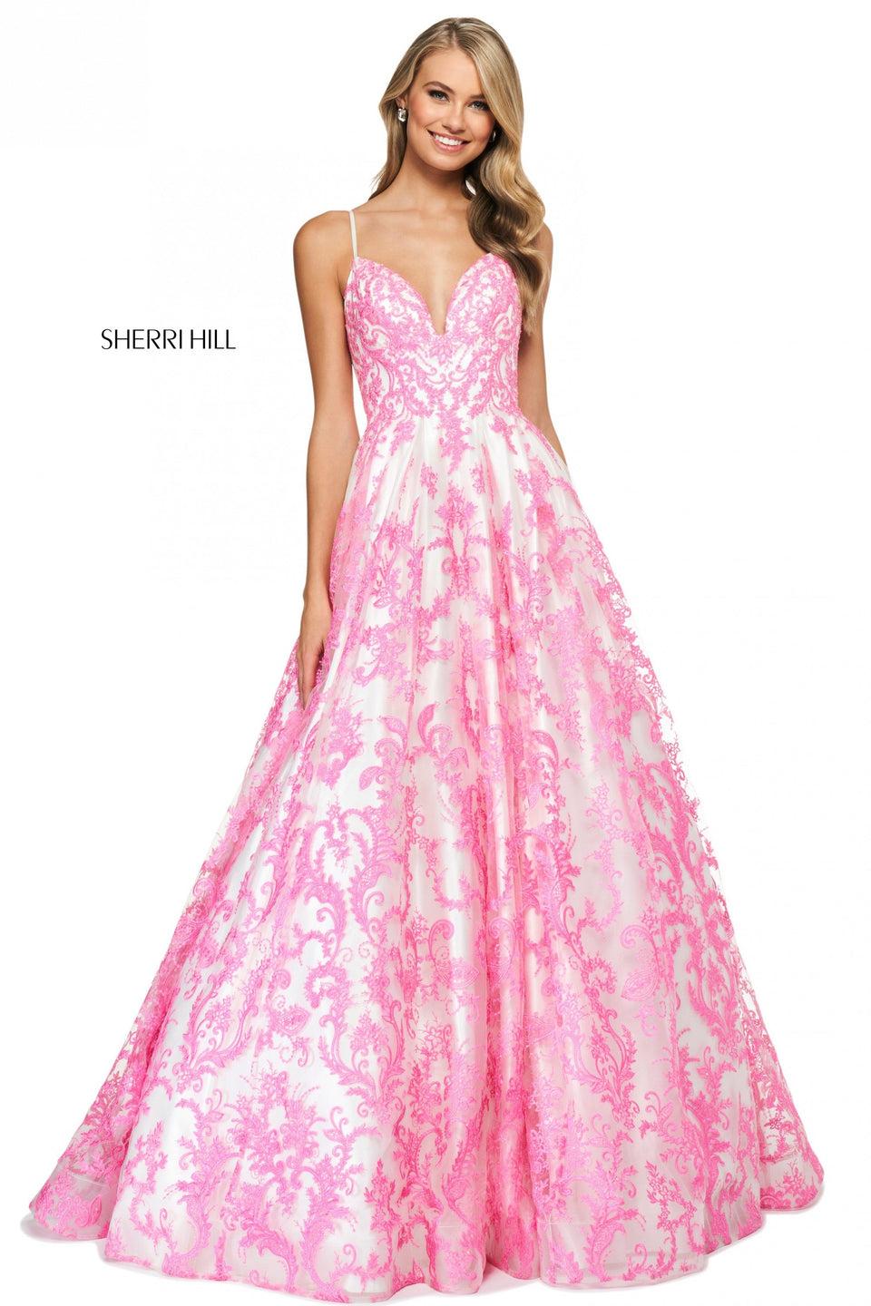 sherri hill Embroidered organza ball gown with modified sweetheart neckline and corset style lace up back