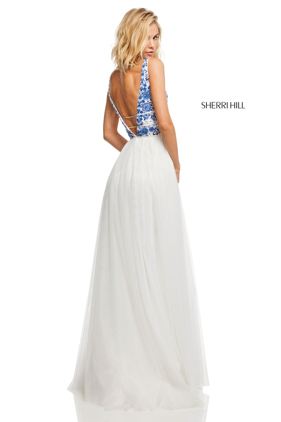 Sherri Hill Embroidered Plunging Neckline Bodice With Chiffon Skirt