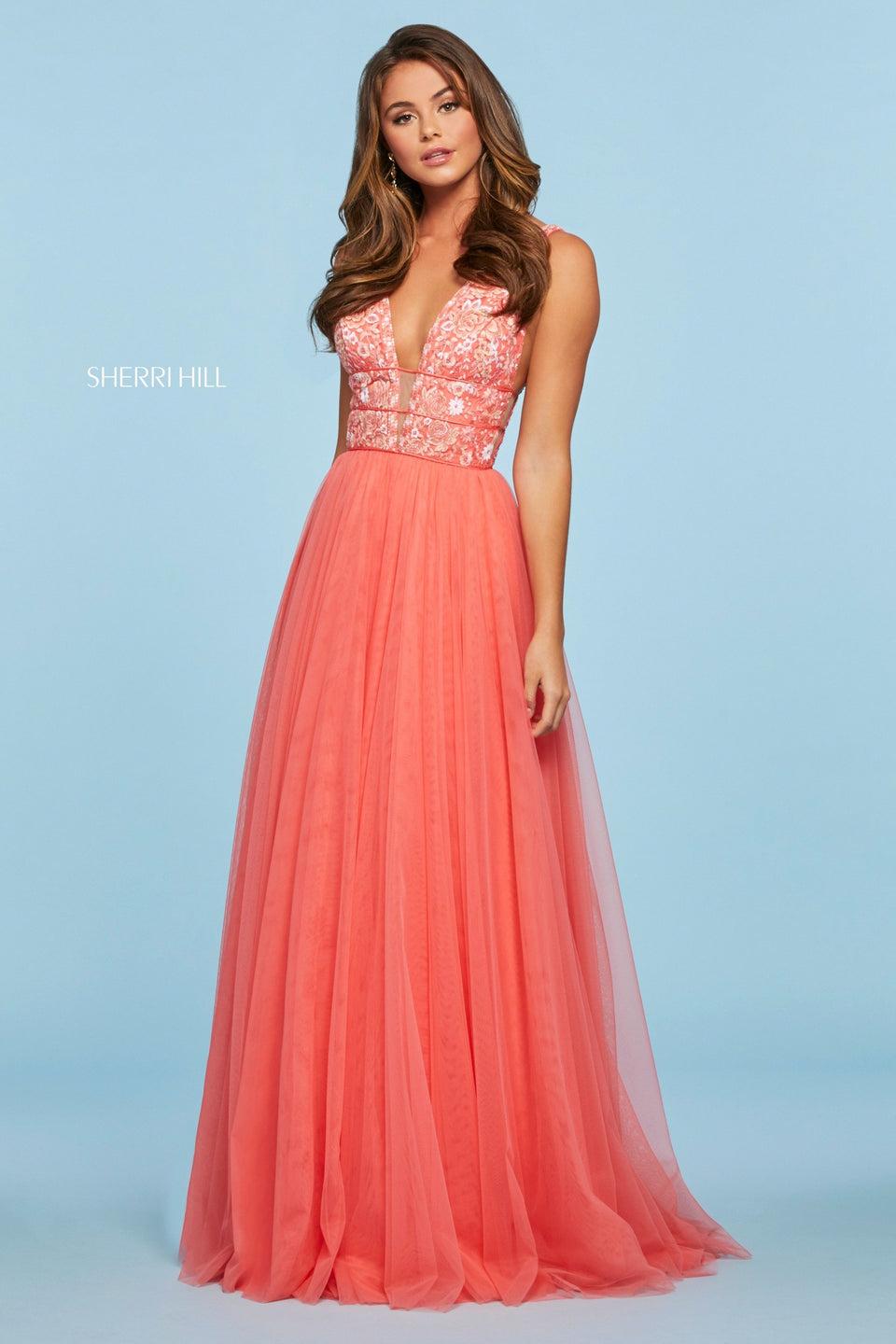 Sherri Hill Embroidered Plunging Neckline Bodice With Chiffon Skirt