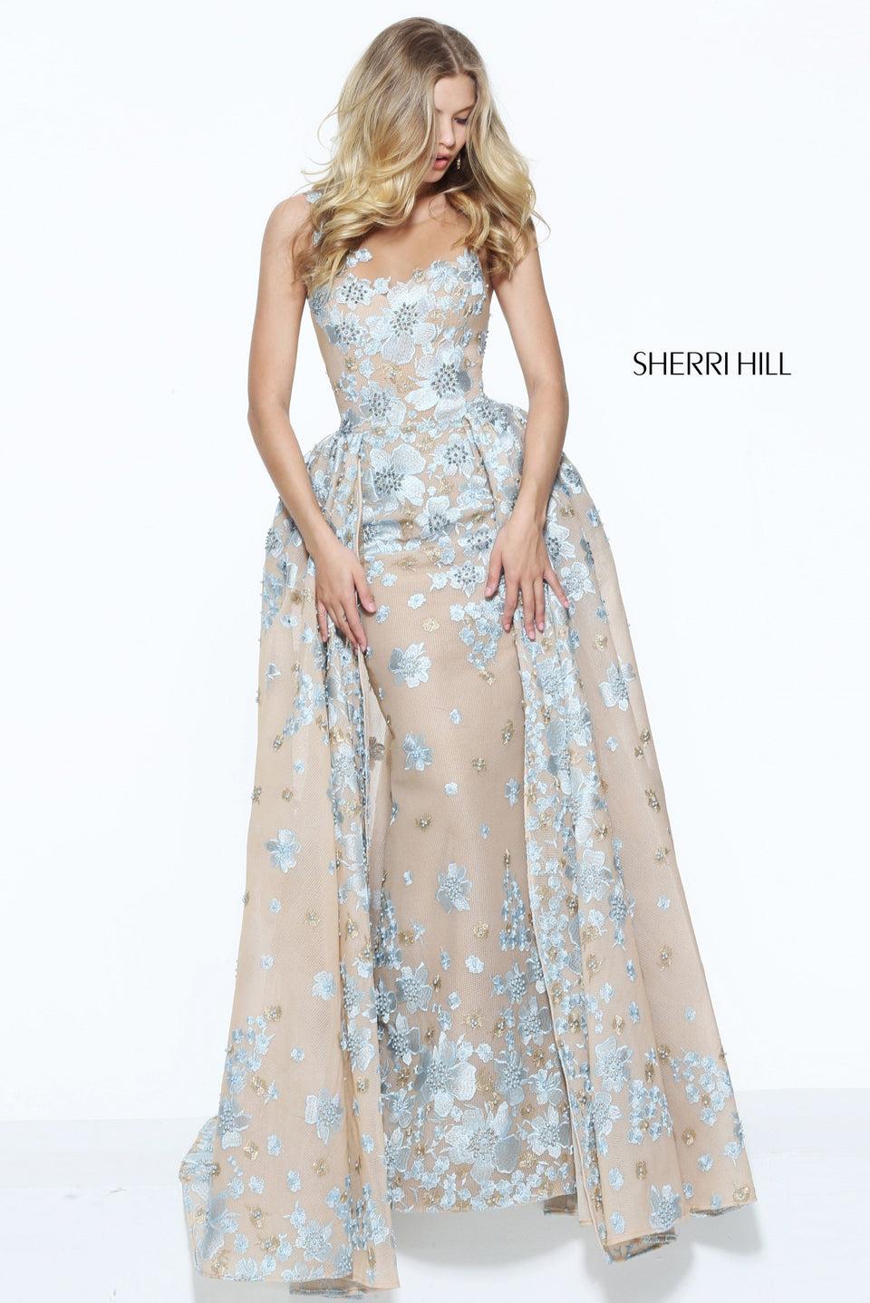 Sherri Hill Fitted A-line Gown With Over Skirt And Flower Appliques