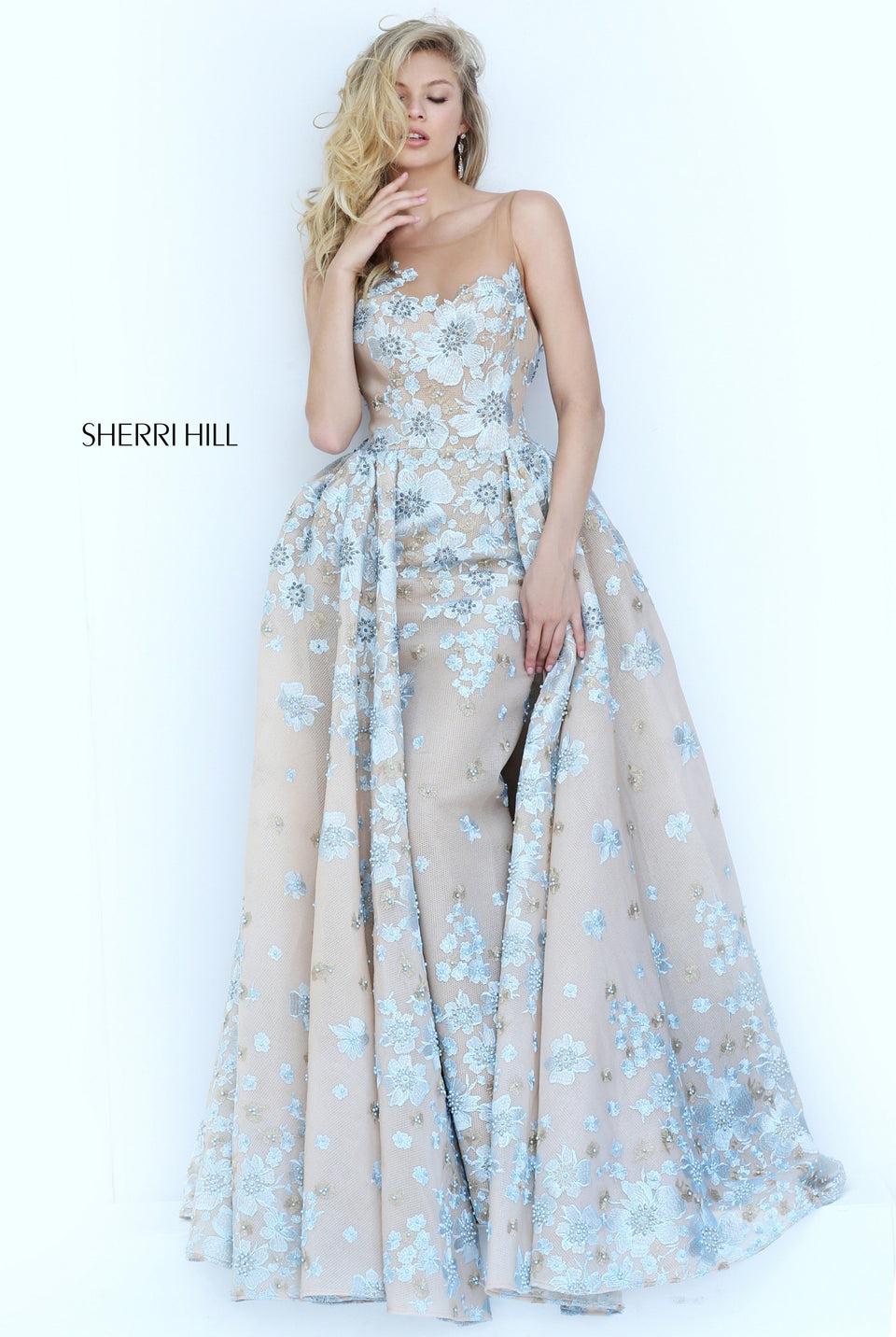 Sherri Hill Fitted A-line Gown With Over Skirt And Flower Appliques