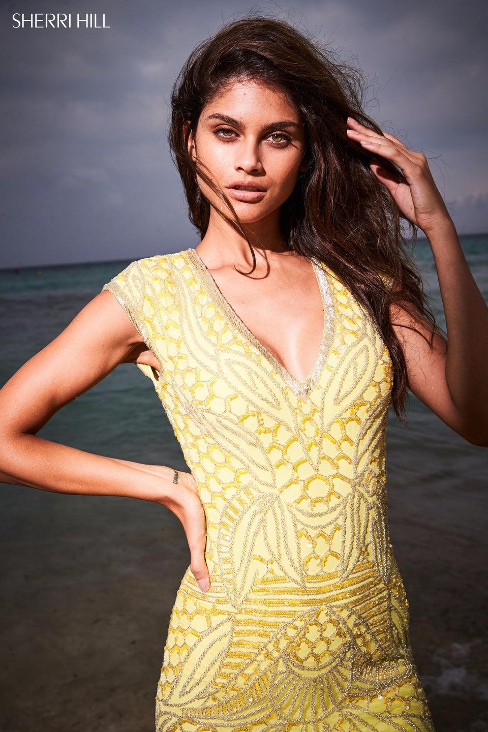 Sherri Hill Fitted Beaded Gown With Deep V And Cut Out Back