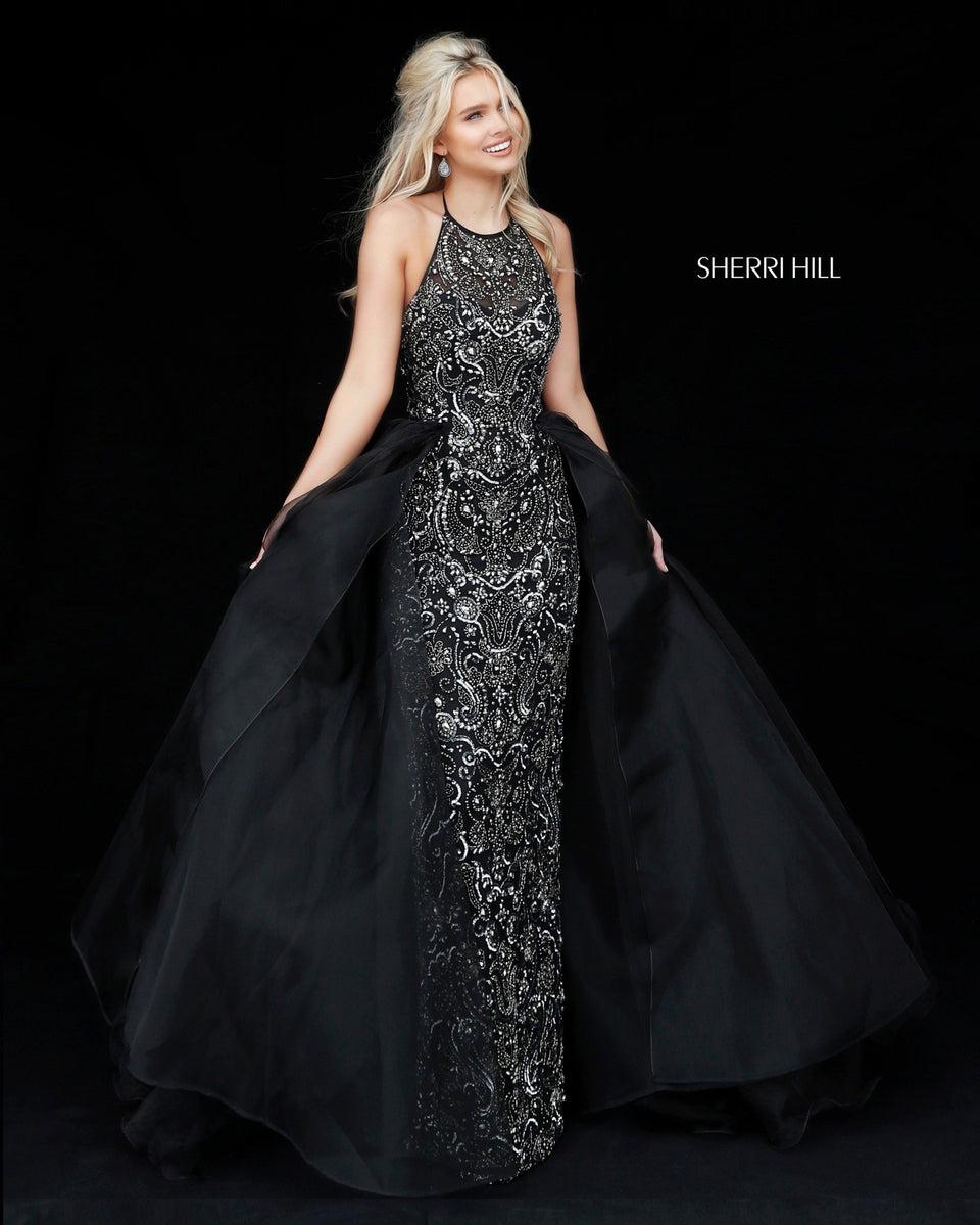 Sherri Hill Fitted Beaded Gown With Halter Bodice And Organza Tulle Overskirt