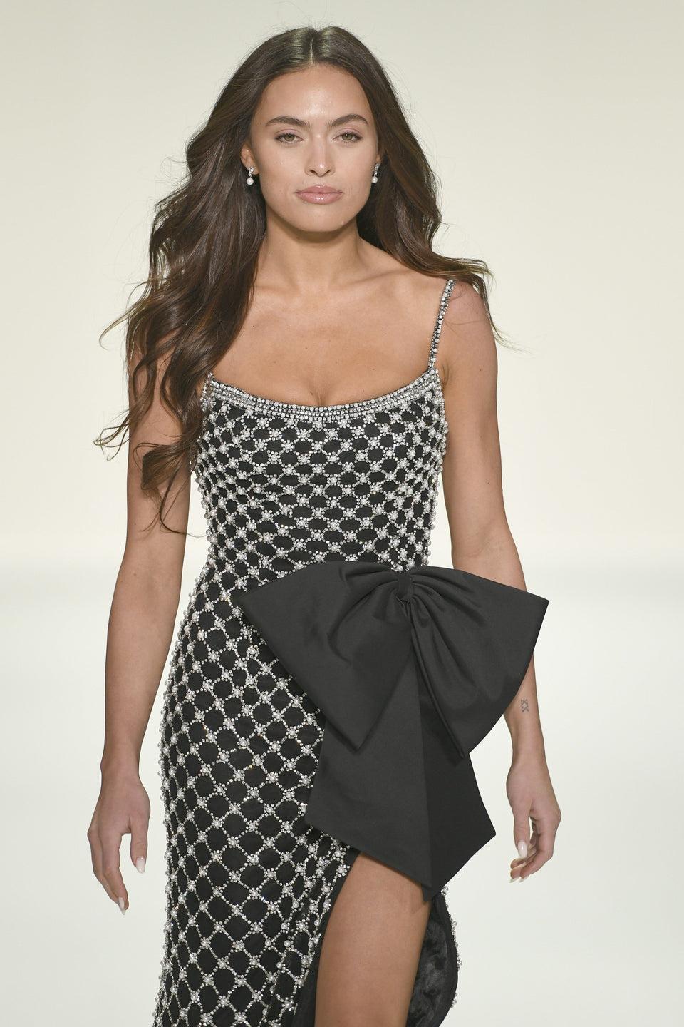Sherri Hill Fitted Beaded Gown With Pearls Bow On Side And A Skirt Slit