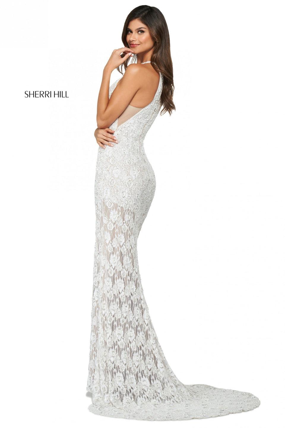 Sherri Hill Fitted Beaded Gown With Slit And High Cut Halter Neckline