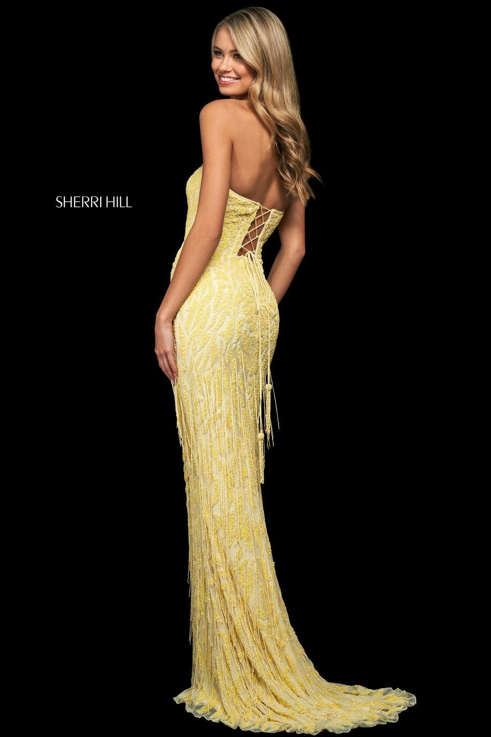 Sherri Hill Fitted Beaded Gown With Strapless Neckline Corset Style Lace Up Back Skirt Slit And Beaded Fringe On Skirt