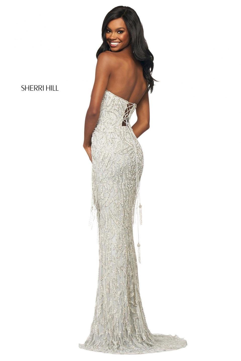 Sherri Hill Fitted Beaded Gown With Strapless Neckline Corset Style Lace Up Back Skirt Slit And Beaded Fringe On Skirt