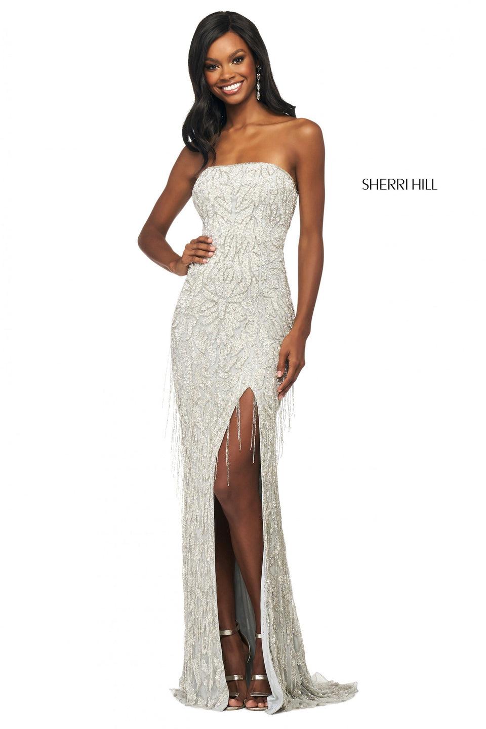 Sherri Hill Fitted Beaded Gown With Strapless Neckline Corset Style Lace Up Back Skirt Slit And Beaded Fringe On Skirt