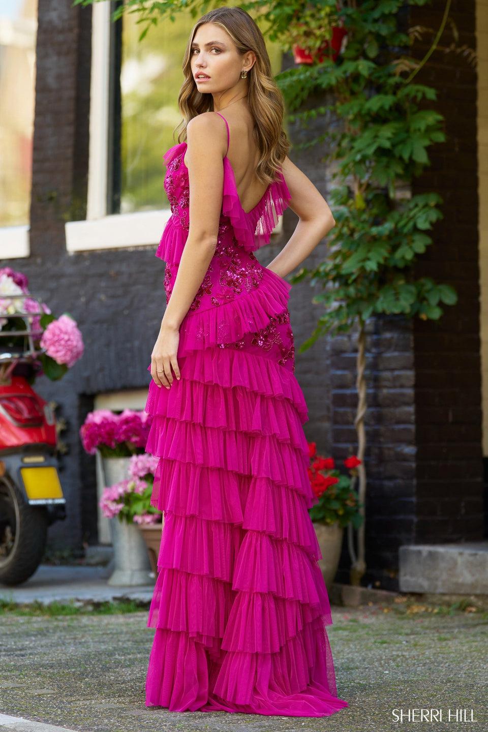 Sherri Hill Fitted Beaded Gown With Tulle Ruffles And Skirt Slit