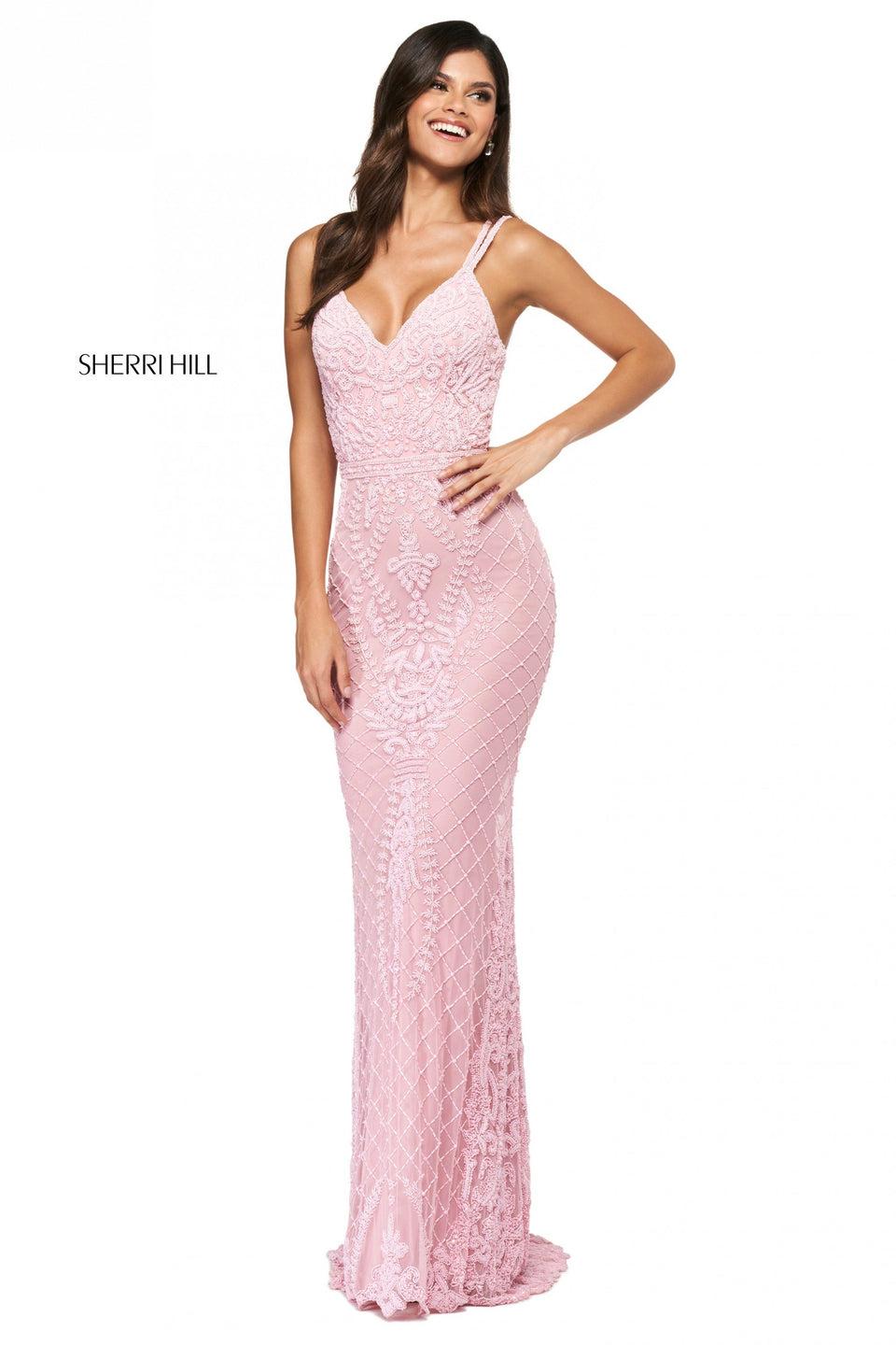 Sherri Hill Fitted Beaded Pattern Gown With A V Sweetheart Neckine And Lace Up Back