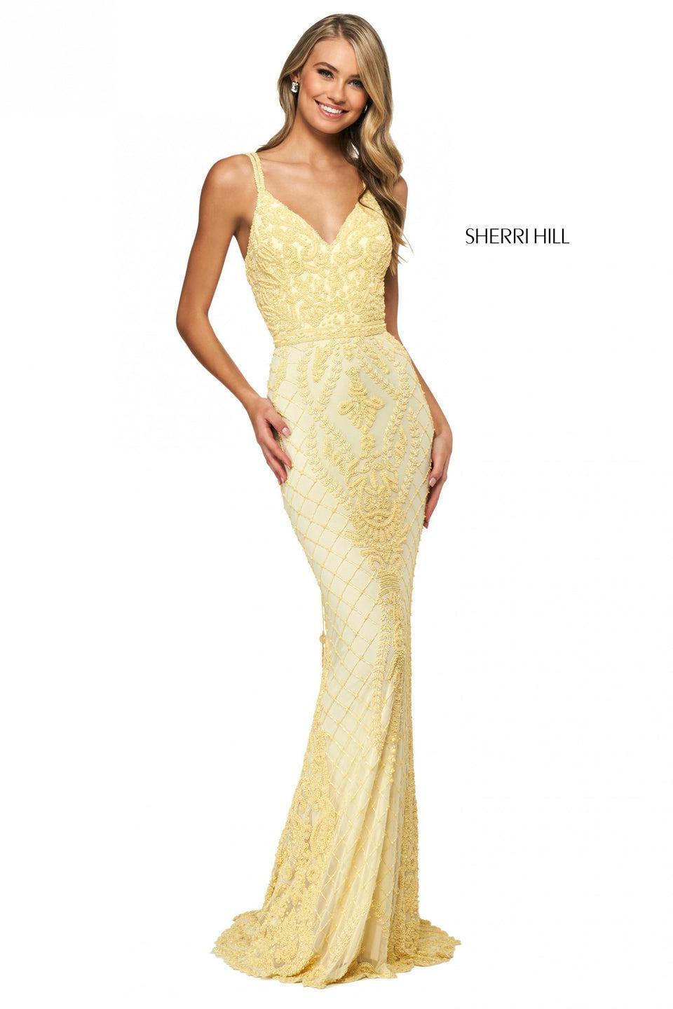 sherri hill Fitted beaded pattern gown with a V sweetheart neckine and lace up back