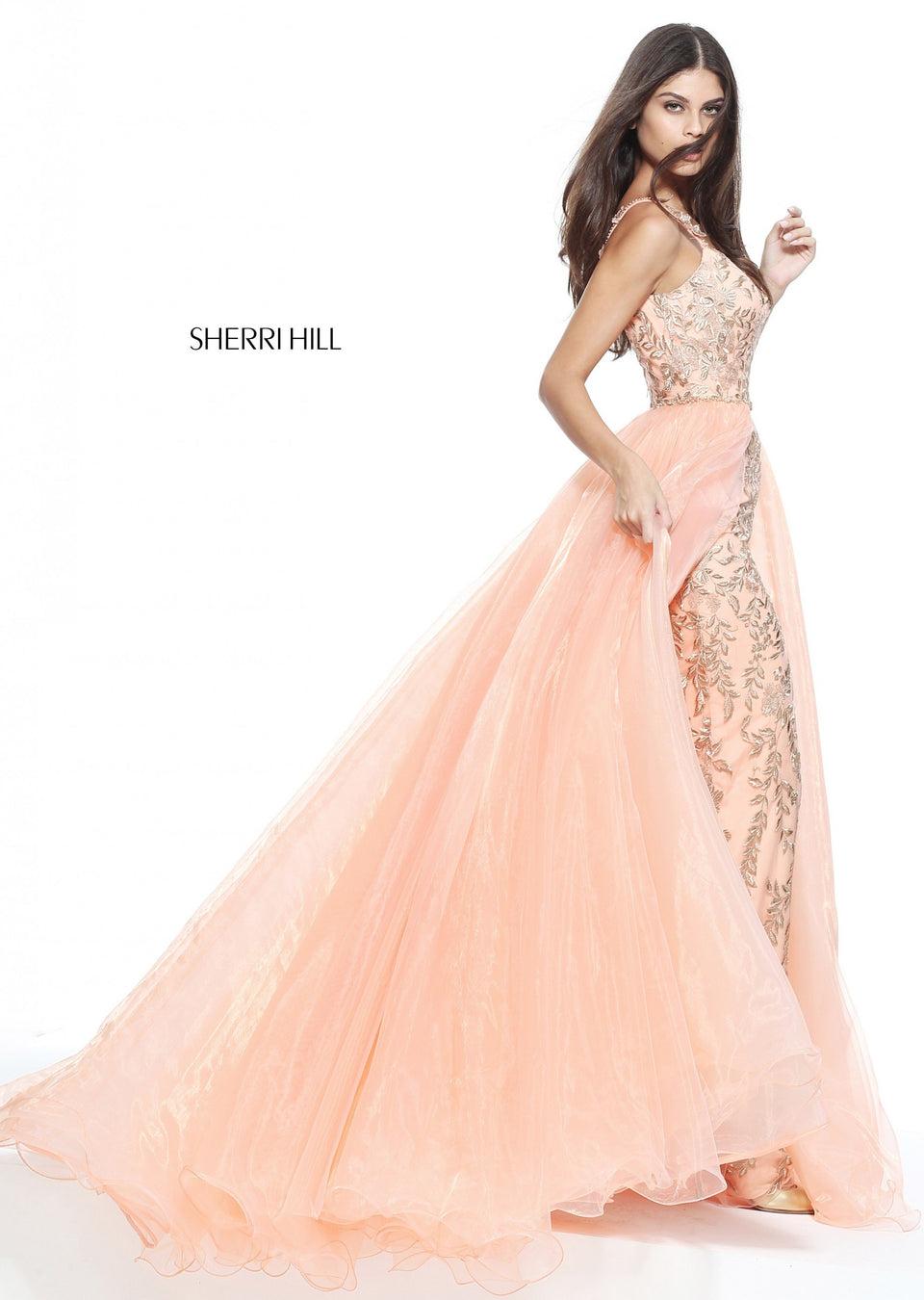 Sherri Hill Fitted Column With Gold Ivy Applique And An Organza Over Skirt