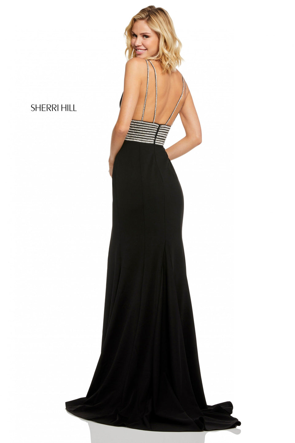 Sherri Hill Fitted Crepe Dress With Beaded Waistband And Slit