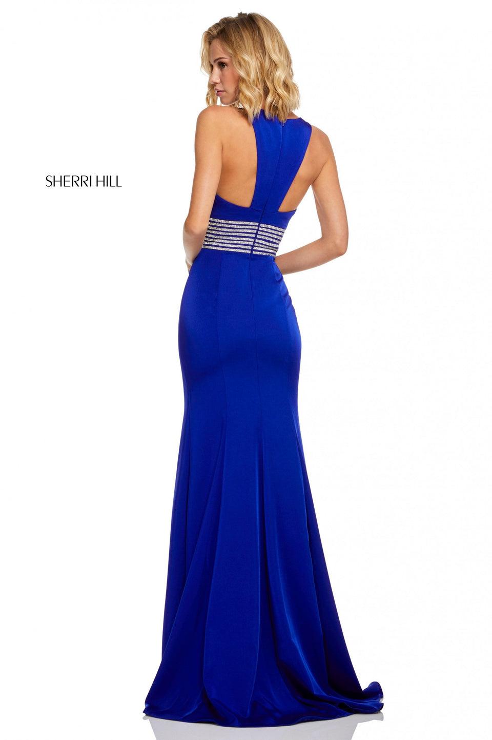 Sherri Hill Fitted Crepe Dress With Beaded Waistband And Slit