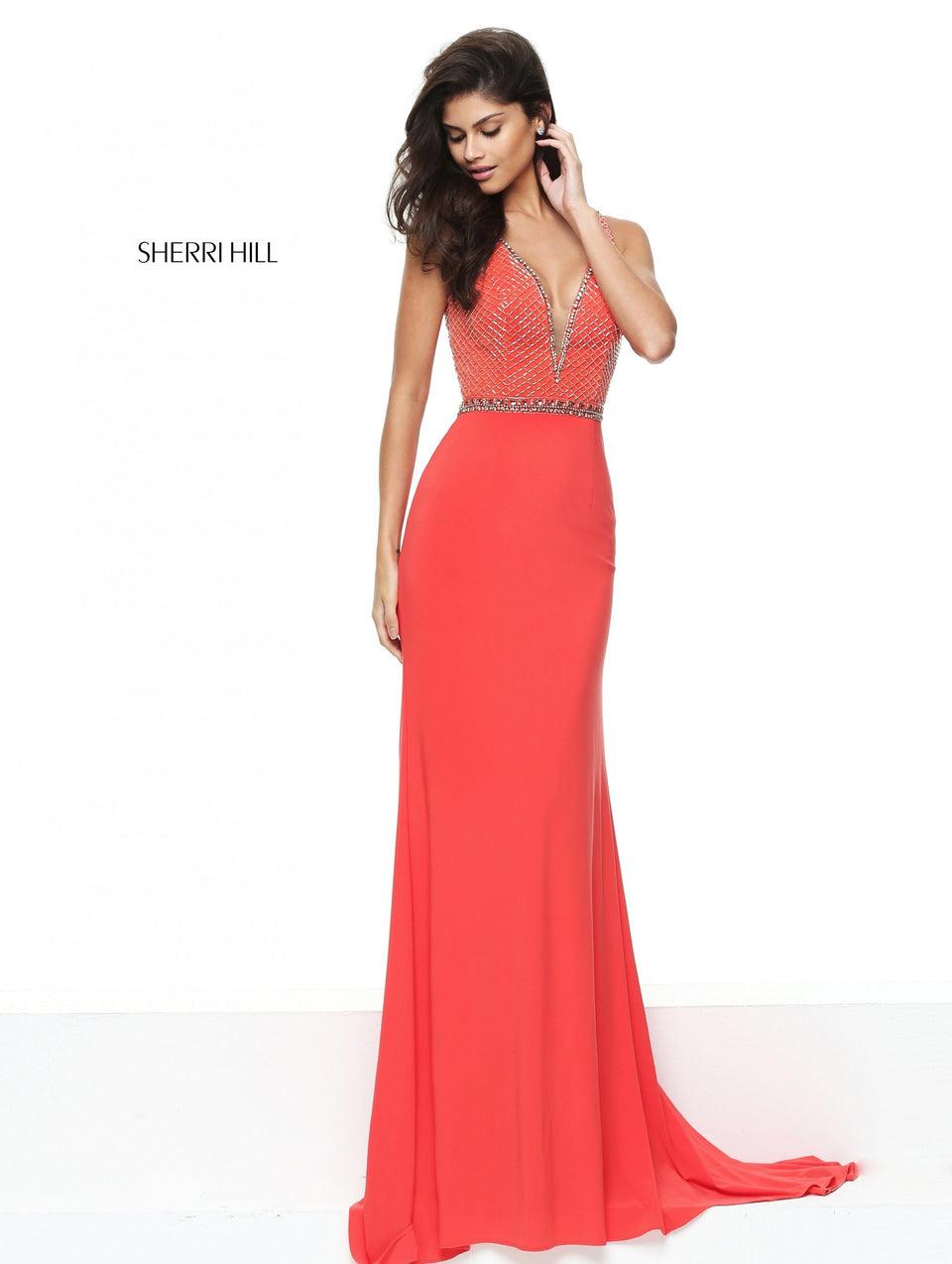 Sherri Hill Fitted Deep V-neck Jersey With Beaded Bodice