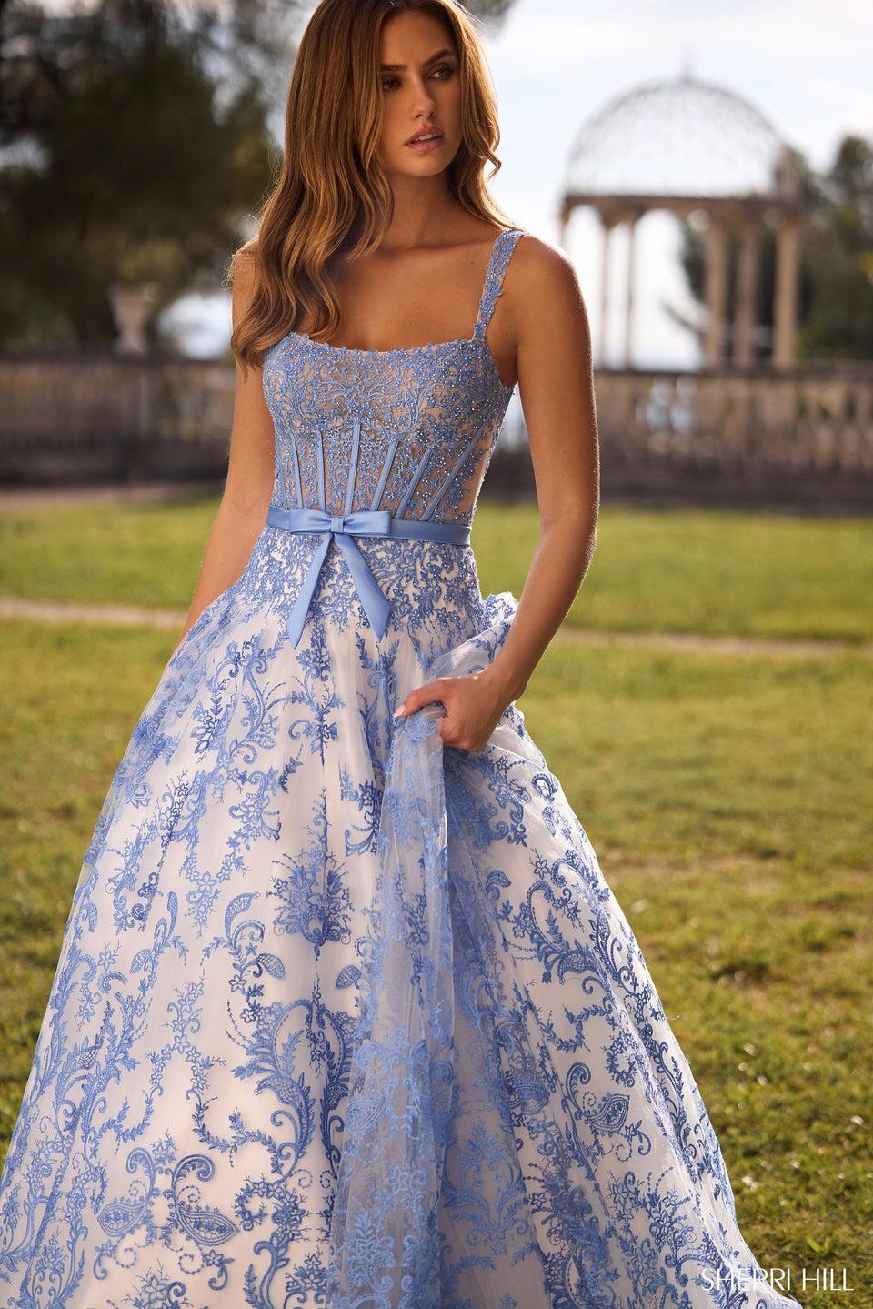 Sherri Hill Fitted Floral Embroidered Lace Ball Gown With Corset Boning