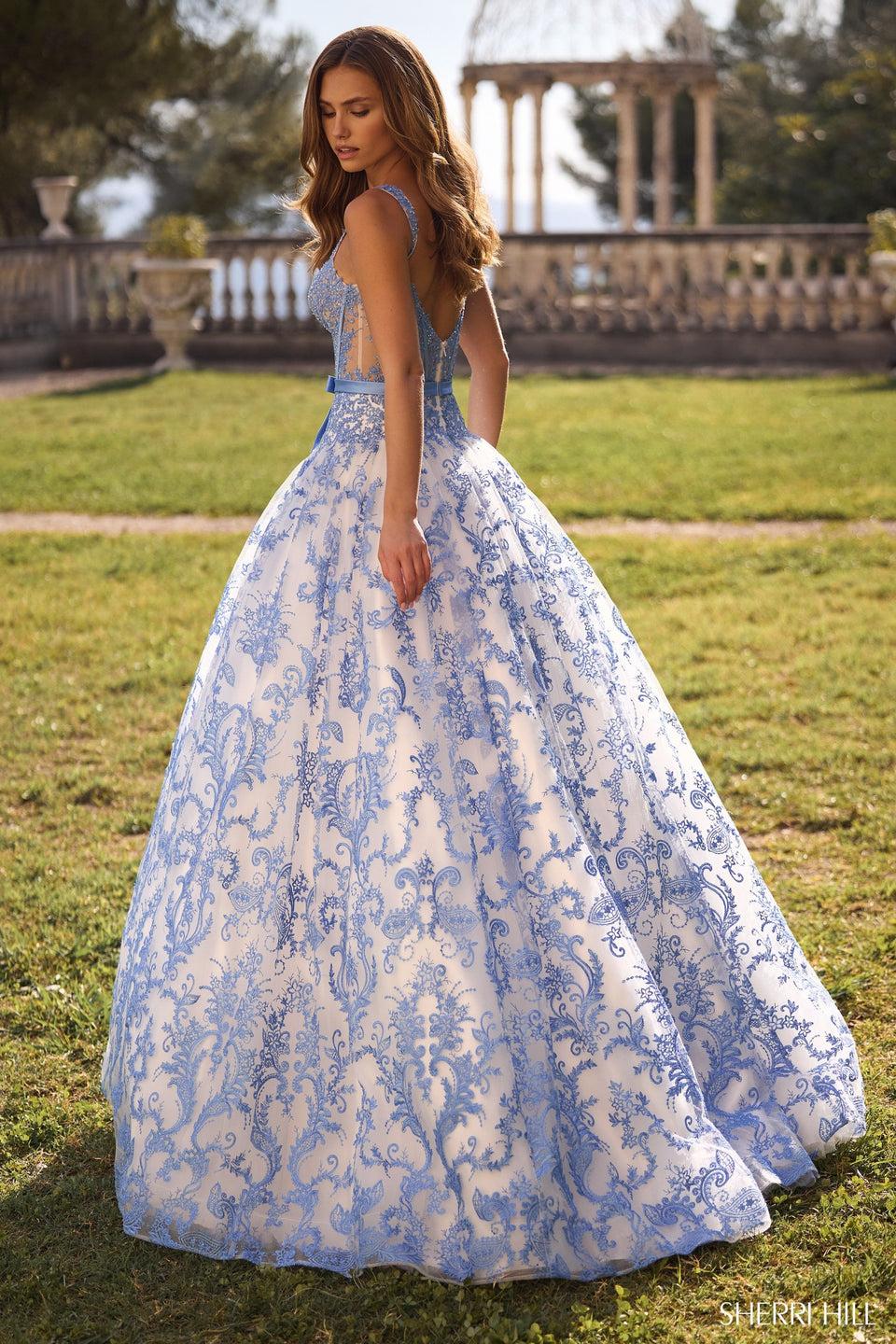 Sherri Hill Fitted Floral Embroidered Lace Ball Gown With Corset Boning