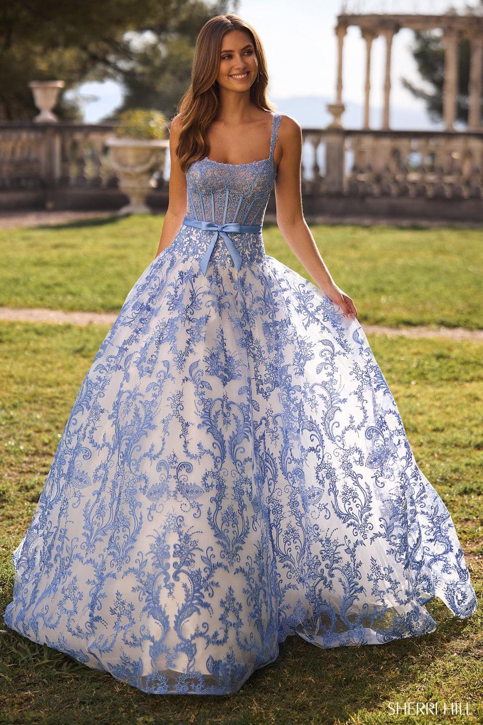 Sherri Hill Fitted Floral Embroidered Lace Ball Gown With Corset Boning