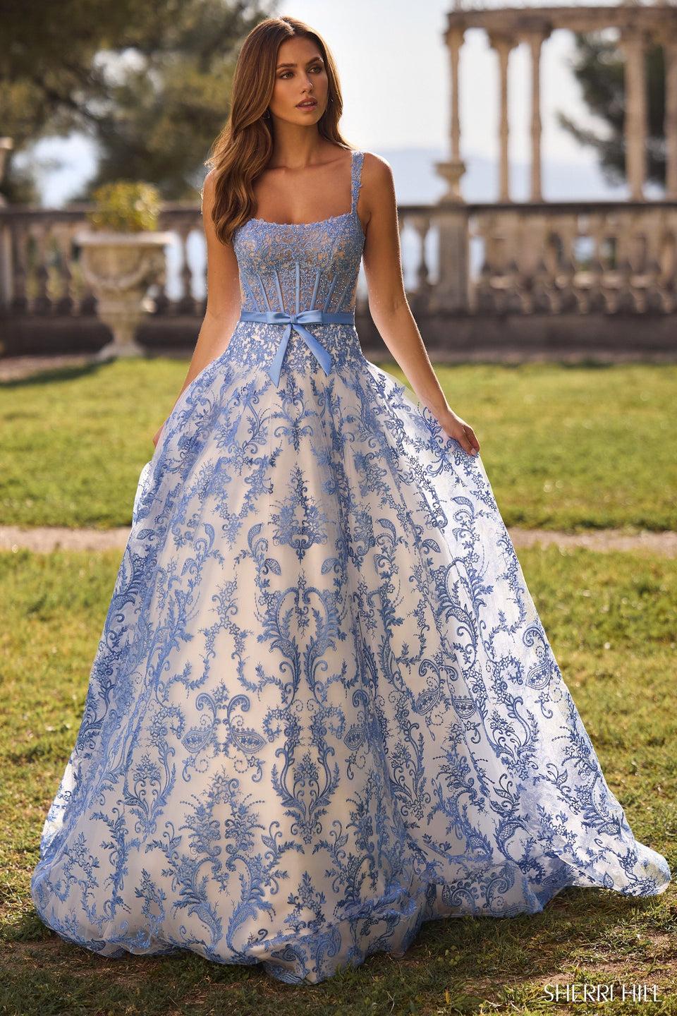 sherri hill Fitted floral embroidered lace ball gown with corset boning