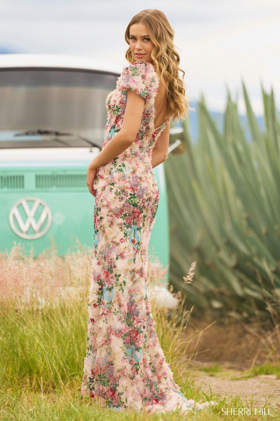 Sherri Hill Fitted Floral Print Gown With Floral Beaded Embellishments Corset Boning And Ballon Cap Sleeves