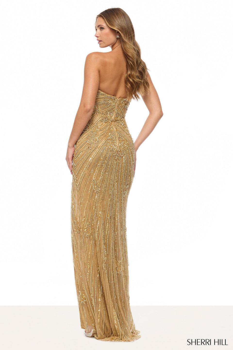 Sherri Hill Fitted Fully Beaded Strapless Dress With A Skirt Slit