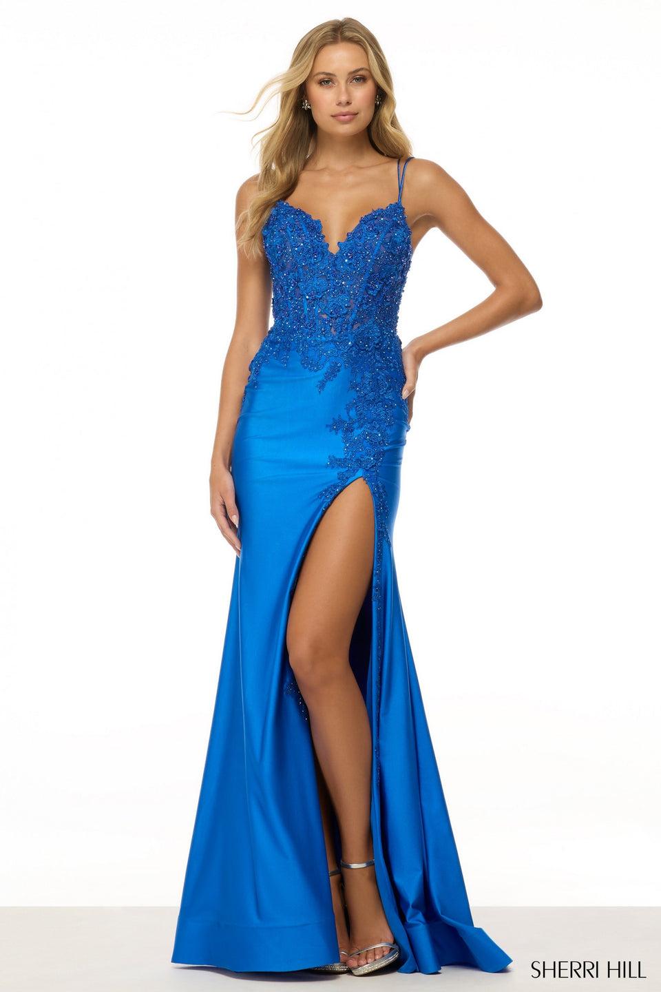 Sherri Hill Fitted Gown With Lace Corset Bodice And A Skirt Slit