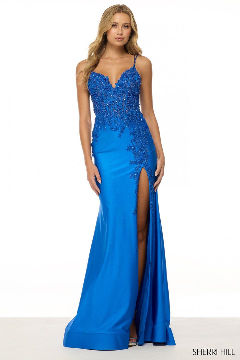 sherri hill Fitted gown with lace corset bodice and a skirt slit