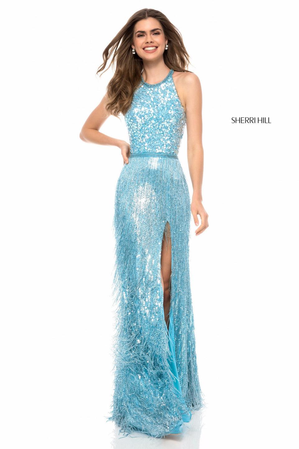 Sherri Hill Fitted Gown With Sequin Halter Bodice And Beaded Fringe Slit Skirt