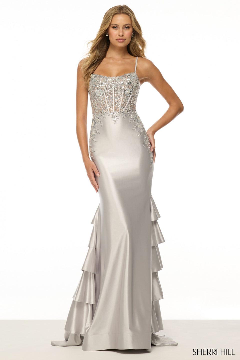 Sherri Hill Fitted Gown With Sequin Lace Corset Bodice And Ruffle Embellished Skirt In The Back