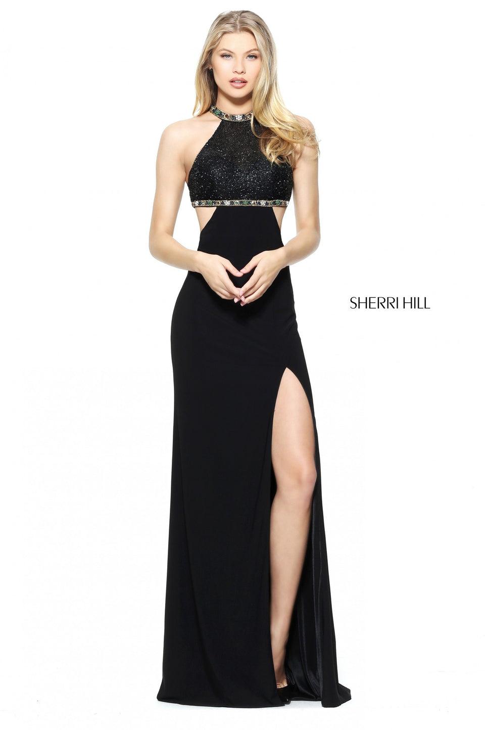 Sherri Hill Fitted High Neck Jersey With A Beaded Bodice Side Cut Outs Skirt Slit And Open Back